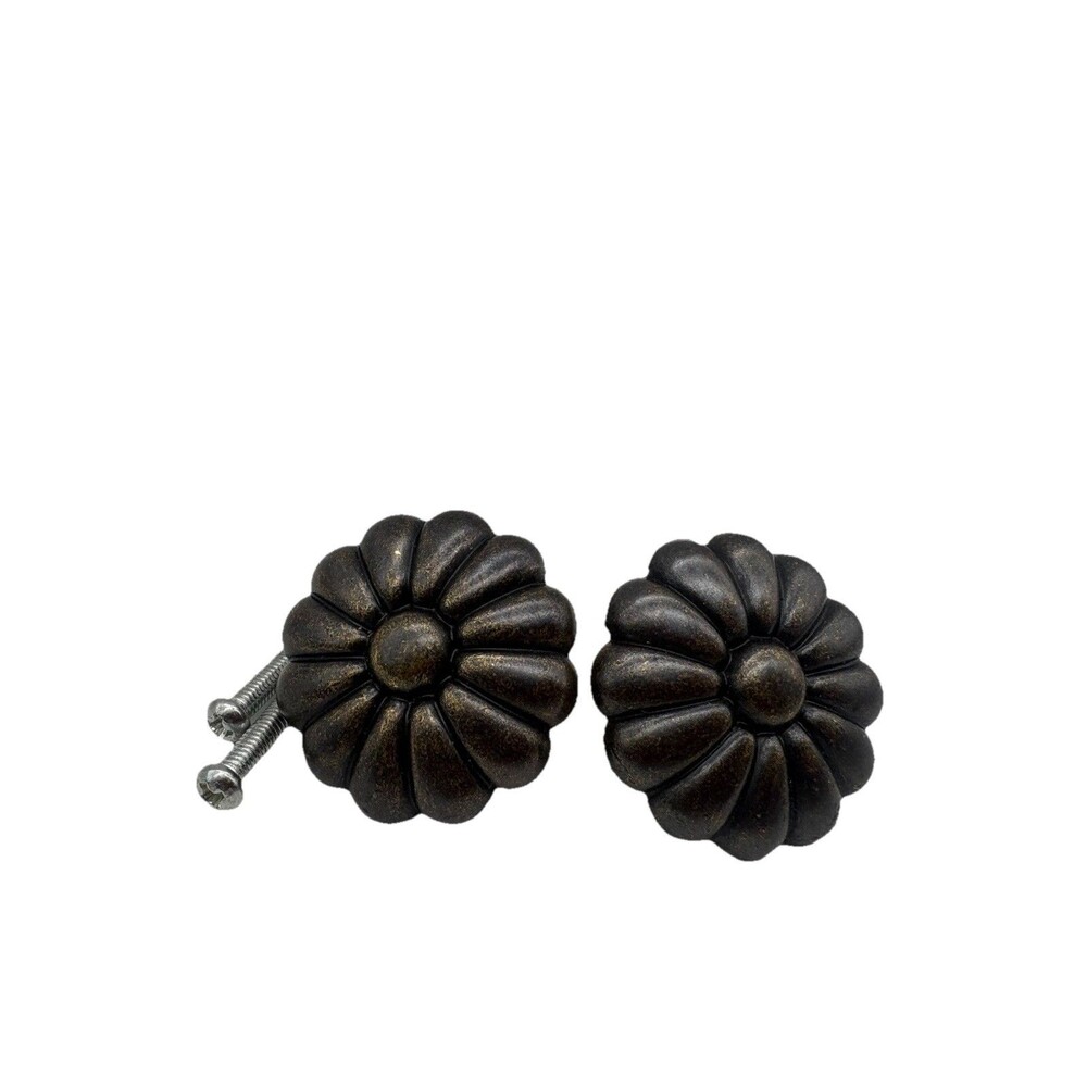 Set 2 Bronze Flower Cabinet Knobs Drawer Pulls Vintage Style Hardware